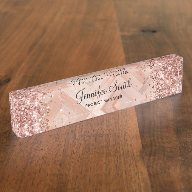 Glittery Rose Gold Faux Wood Pattern Nameplate (Side)