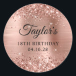 Glittery Rose Gold Foil 18th Birthday Classic Round Sticker<br><div class="desc">Create your own 18th birthday party favour stickers. Girly faux sparkly rose gold glitter on the top and bottom edge, over a faux pink blush rose gold brushed metal style ombre foil. Customize the font styles to create your own favour sticker design for her special celebration. A classic elegant calligraphy...</div>