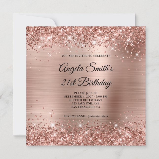 Glittery Rose Gold Foil 21st Birthday Invitation (Front)