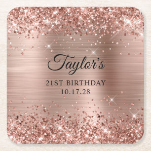 Glittery Rose Gold Foil 21st Birthday Square Paper Coaster