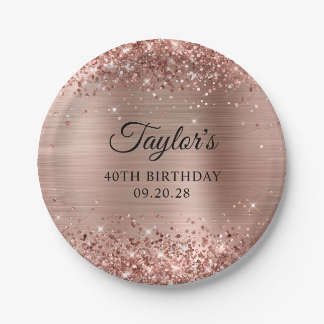Glittery Rose Gold Foil 40th Birthday Paper Plate (Front)