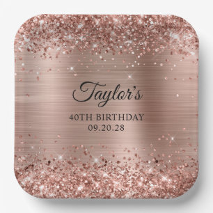 Glittery Rose Gold Foil 40th Birthday Paper Plate