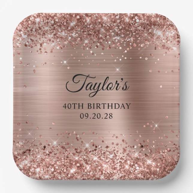 Glittery Rose Gold Foil 40th Birthday Paper Plate (Front)
