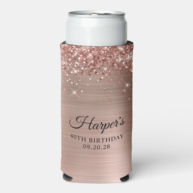 Glittery Rose Gold Foil 40th Birthday Seltzer Can Cooler (Seltzer Front)