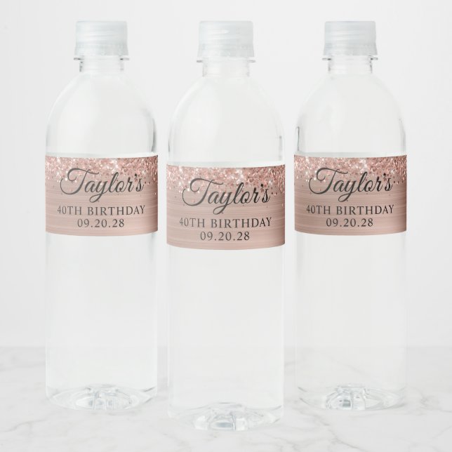 Glittery Rose Gold Foil 40th Birthday Water Bottle Label (Bottles)