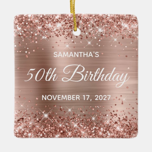 Glittery Rose Gold Foil 50th Birthday Ceramic Ornament (Front)