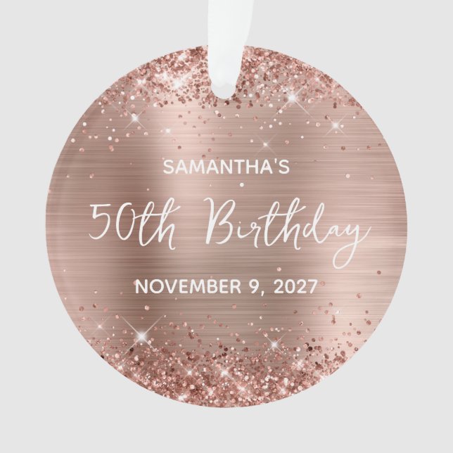 Glittery Rose Gold Foil 50th Birthday Ornament (Front)