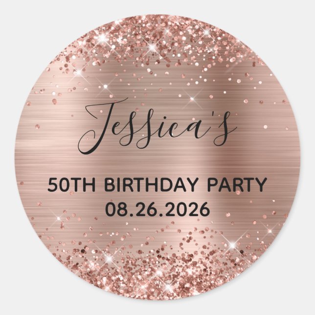 Glittery Rose Gold Foil 50th Birthday Party Classic Round Sticker (Front)