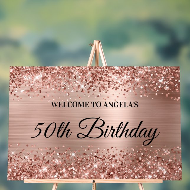 Glittery Rose Gold Foil 50th Birthday Welcome Acrylic Sign (Neutral)