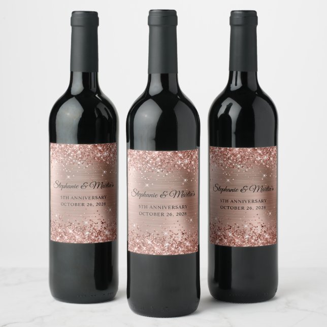 Glittery Rose Gold Foil 5th Wedding Anniversary Wine Label (Bottles)