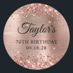 Glittery Rose Gold Foil 70th Birthday Classic Round Sticker<br><div class="desc">Create your own 70th birthday party favour stickers. Girly faux sparkly rose gold glitter on the top and bottom edge, over a faux pink blush rose gold brushed metal style ombre foil. Customize the font styles to create your own favour sticker design for her special celebration. A classic elegant calligraphy...</div>