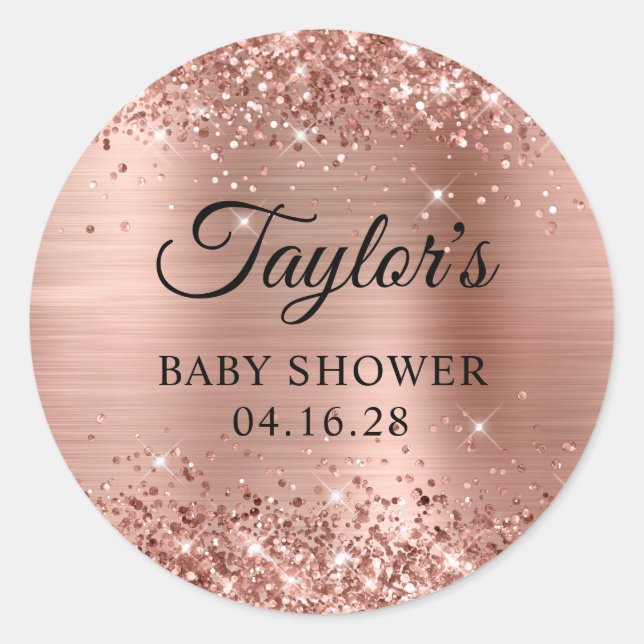 Glittery Rose Gold Foil Baby Shower Classic Round Sticker (Front)