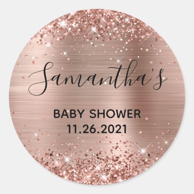 Glittery Rose Gold Foil Baby Shower Classic Round Sticker (Front)