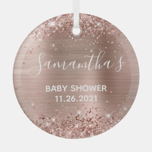 Glittery Rose Gold Foil Baby Shower Glass Ornament