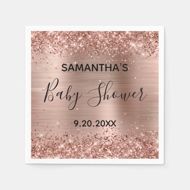 Glittery Rose Gold Foil Baby Shower Napkin (Front)