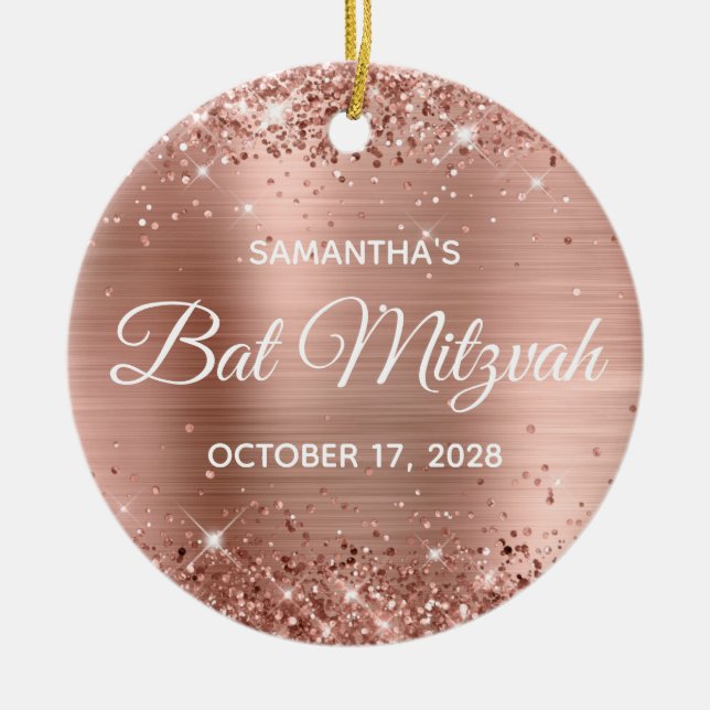Glittery Rose Gold Foil Bat Mitzvah Ceramic Ornament (Front)