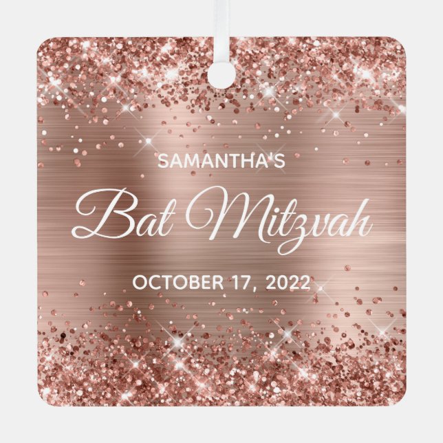 Glittery Rose Gold Foil Bat Mitzvah Metal Ornament (Front)