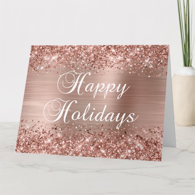 Glittery Rose Gold Foil Big Happy Holidays Card (Front)