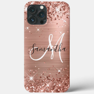 Glittery Rose Gold Foil Black and White Monogram iPhone 13 Pro Max Case