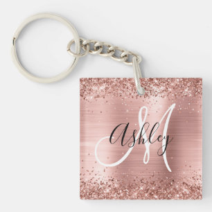 Glittery Rose Gold Foil Black and White Monogram Keychain
