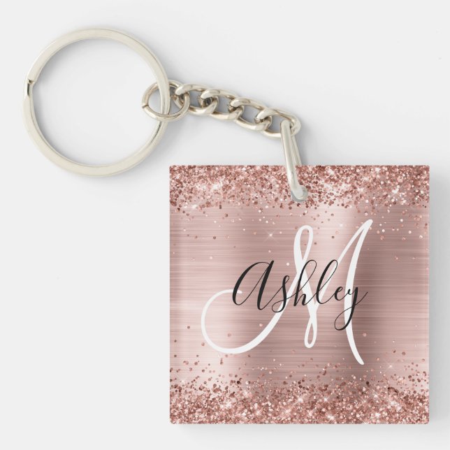 Glittery Rose Gold Foil Black and White Monogram Keychain (Front)