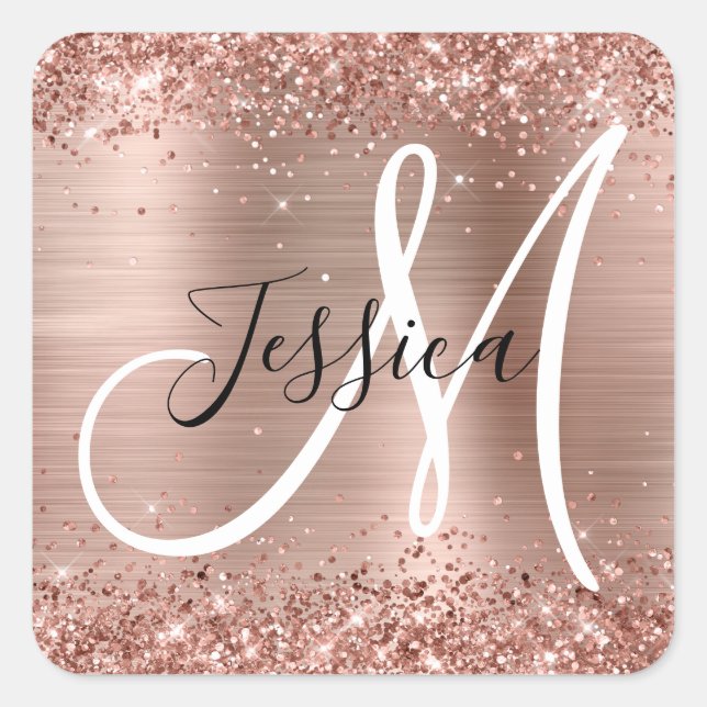 Glittery Rose Gold Foil Black and White Monogram Square Sticker (Front)