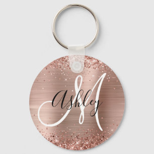 Glittery Rose Gold Foil Black White Monogrammed Keychain