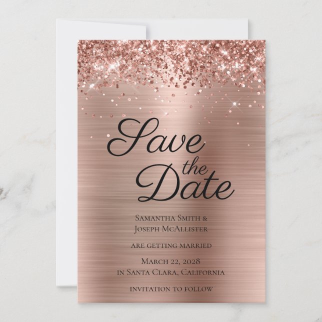 Glittery Rose Gold Foil Classy Save The Date (Front)