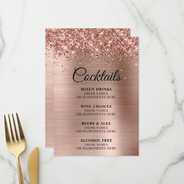Glittery Rose Gold Foil Cocktails Bar Menu (Front/Back In Situ)
