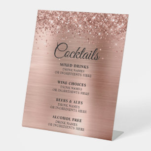 Glittery Rose Gold Foil Cocktails Bar Menu Pedestal Sign