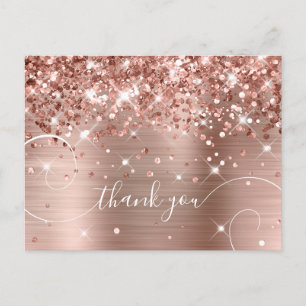 Glittery Rose Gold Foil Curly Script Thank You Postcard