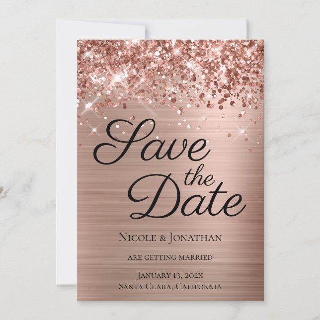 Glittery Rose Gold Foil Elegant Calligraphy Save The Date (Front)