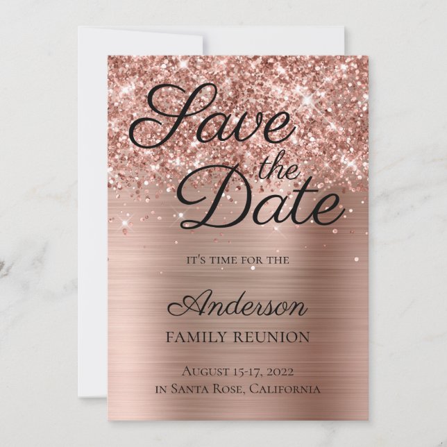 Glittery Rose Gold Foil Family Reunion Save The Date (Front)