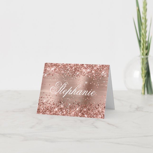 Glittery Rose Gold Foil Fancy Calligraphy Note Card (Front)