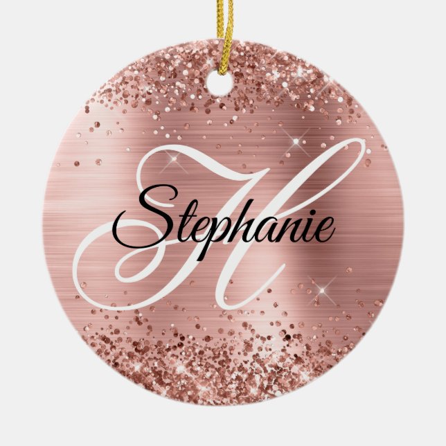 Glittery Rose Gold Foil Fancy Monogram Ceramic Ornament (Front)
