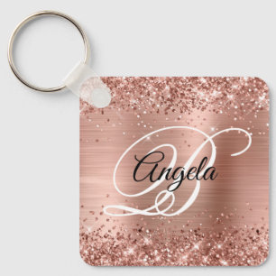 Glittery Rose Gold Foil Fancy Monogram Keychain