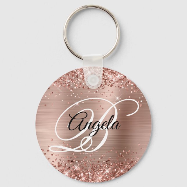 Glittery Rose Gold Foil Fancy Monogram Keychain (Front)