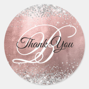 Glittery Rose Gold Foil Fancy Monogram Thank You Classic Round Sticker
