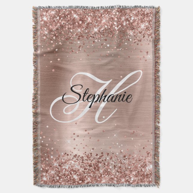 Glittery Rose Gold Foil Fancy Monogram Throw Blanket (Front Vertical)