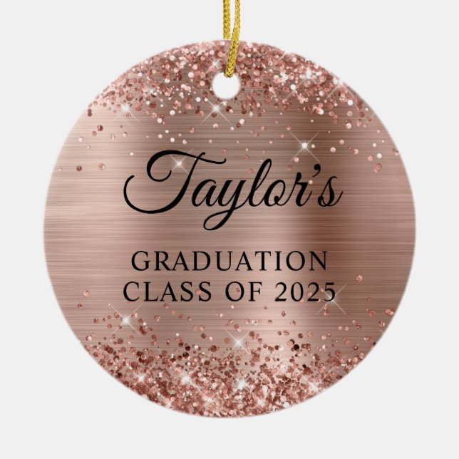 Glittery Rose Gold Foil Graduation Ceramic Ornament (Front)