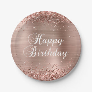 Glittery Rose Gold Foil Happy Birthday Paper Plate