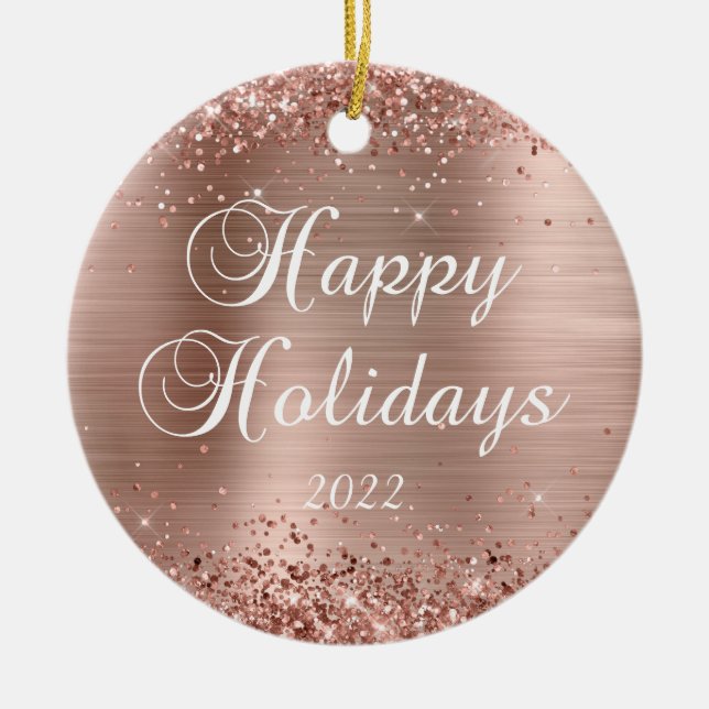 Glittery Rose Gold Foil Happy Holidays Photo Ceramic Ornament (Front)
