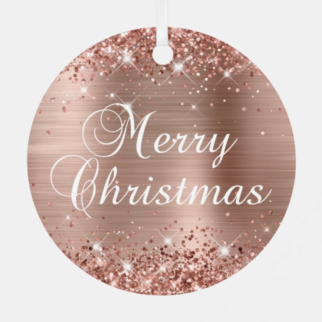 Glittery Rose Gold Foil Merry Christmas Metal Ornament (Back)