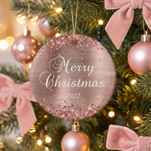 Glittery Rose Gold Foil Merry Christmas Photo Ceramic Ornament
