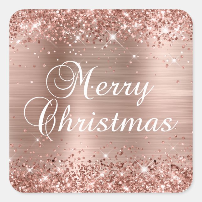 Glittery Rose Gold Foil Merry Christmas Square Sticker (Front)