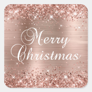 Glittery Rose Gold Foil Merry Christmas Square Sticker