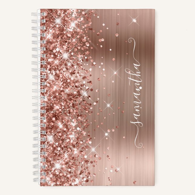 Glittery Rose Gold Foil Modern Girly Signature Notebook (Front)