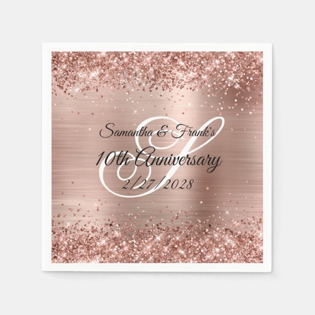 Glittery Rose Gold Foil Monogram 10th Anniversary Napkin (Front)