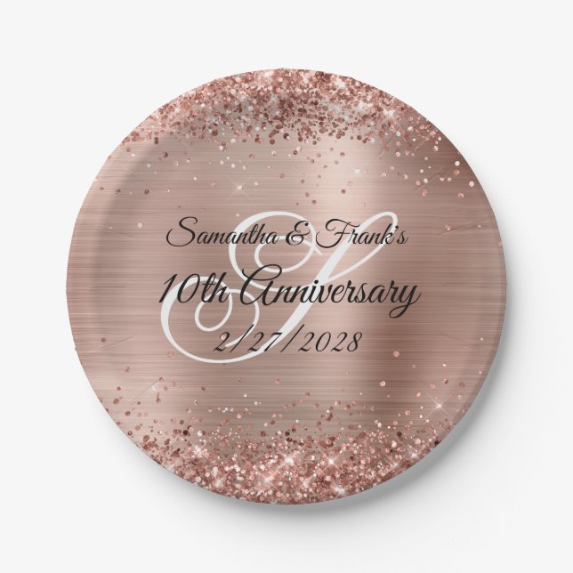 Glittery Rose Gold Foil Monogram 10th Anniversary Paper Plate (Front)