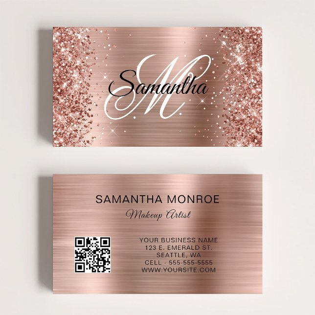 Glittery Rose Gold Foil Monogram QR Code Business Card (Glittery Rose Gold Foil Monogram QR Code Business Card)